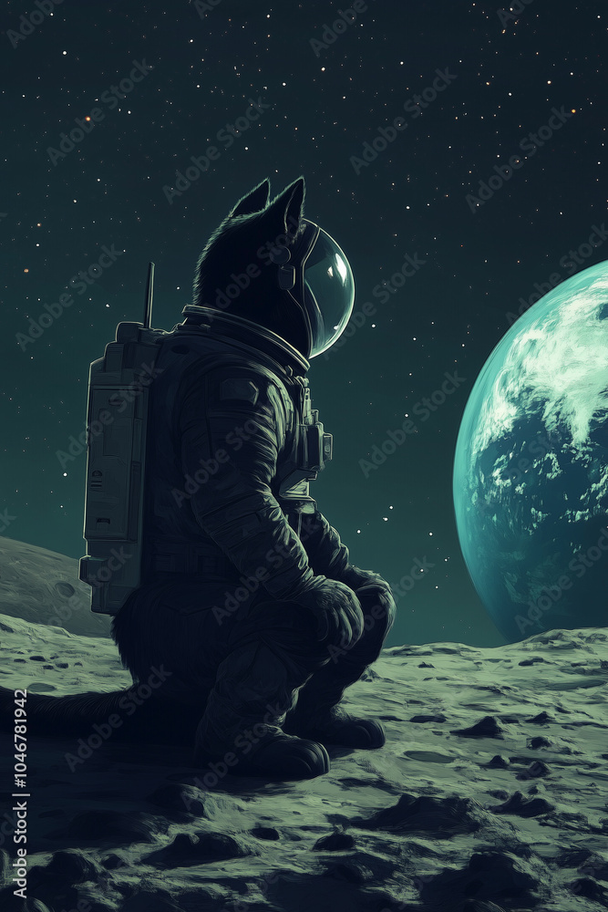 Black Cat on the Moon in Futuristic Spacesuit with Earth in View Black Cat on the Moon in Futuristic Spacesuit with Earth in View