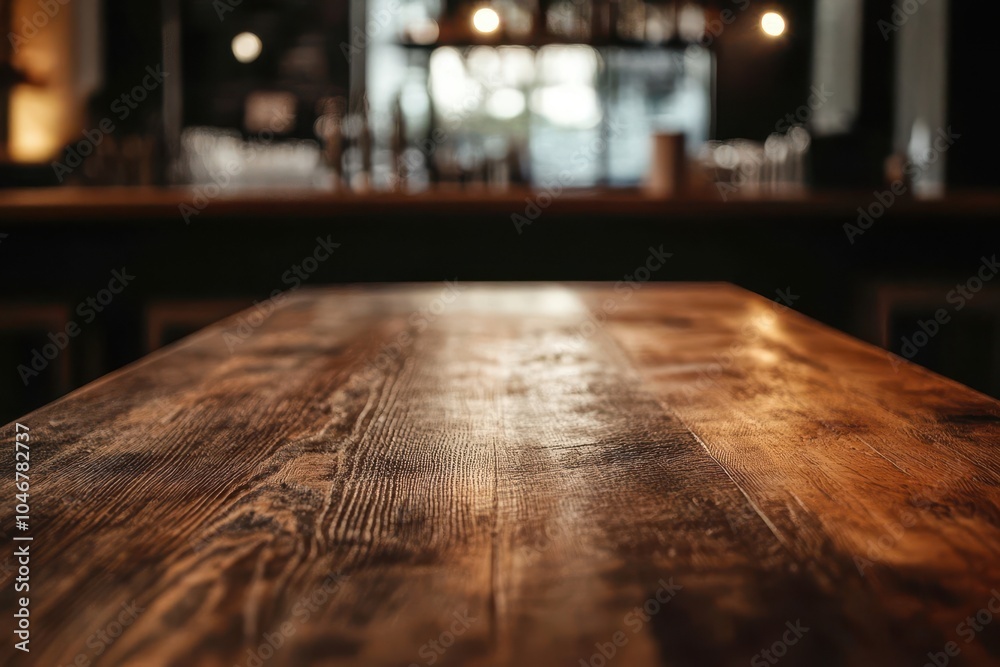 A close up of a wooden table with a blurred bar counter in the background.