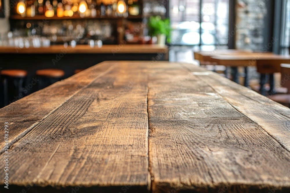 Empty wooden table in a rustic bar or restaurant with blurred background of bar stools and a bar counter. Empty wooden table in a rustic bar or restaurant with blurred background of bar stools and a bar counter.