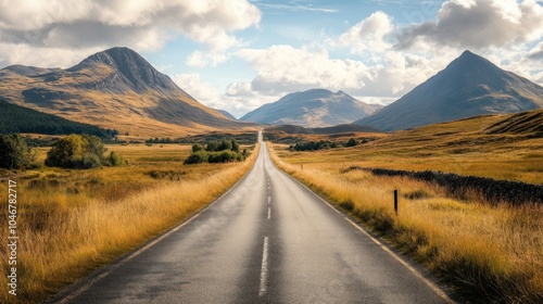 A scenic road stretches through majestic mountains and golden fields under a blue sky.