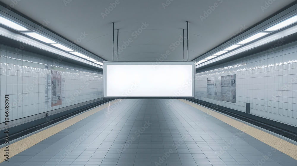 Blank advertising billboard hanging in an empty subway station with white mockup space Blank advertising billboard hanging in an empty subway station with white mockup space