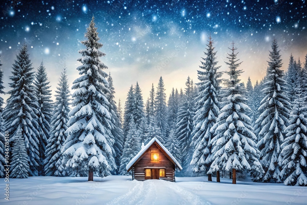 snowy landscape with pine tree, cozy cabin, falling snowflake snowy landscape with pine tree, cozy cabin, falling snowflake