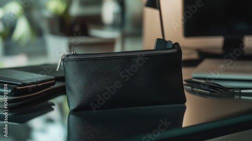 A sleek black pouch filled with tech accessories, resting on a glass desk