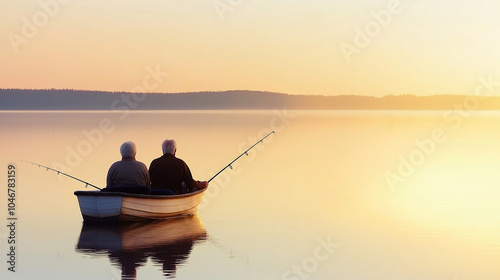 Two senior men are enjoying a peaceful morning fishing from a boat on a misty lake as the sun rises