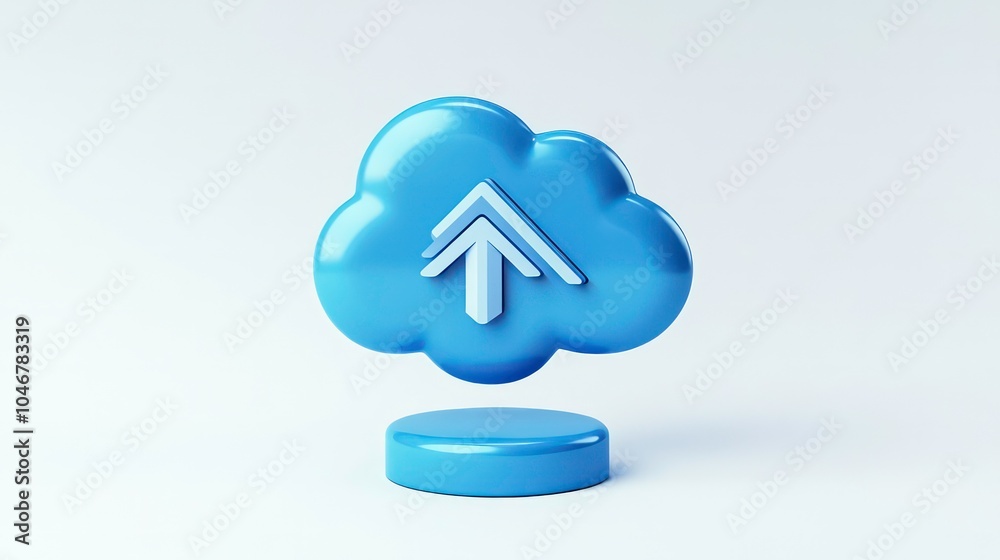 3D rendering of a blue cloud icon with an upward arrow, symbolizing data upload or cloud storage. 3D rendering of a blue cloud icon with an upward arrow, symbolizing data upload or cloud storage.