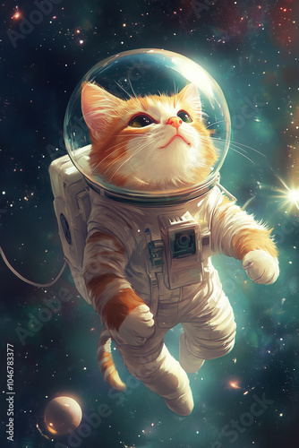 Cute Orange Cat Floating in Space with Shiny White Spacesuit