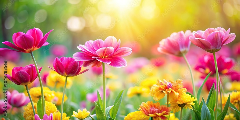 Soft focus of a blooming garden with vibrant flowers in shades of pink and yellow against a serene spring background, spring, floral, vibrant, gentle Soft focus of a blooming garden with vibrant flowers in shades of pink and yellow against a serene spring background, spring, floral, vibrant, gentle