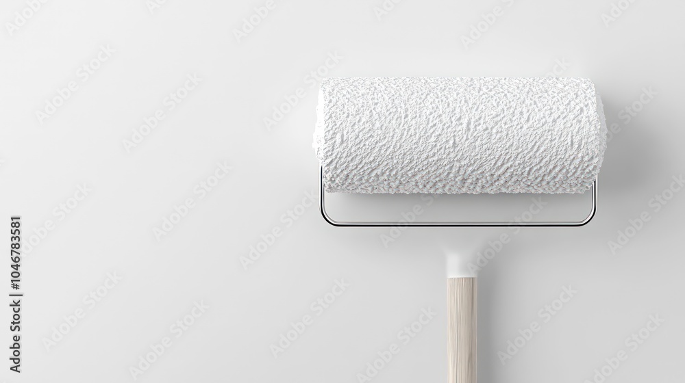 Obraz premium A white paint roller with a wooden handle on a white background.