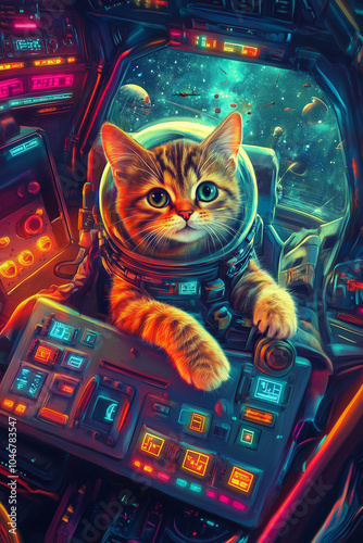 Mischievous Tabby Cat in a Glowing Spaceship Cockpit with Space Helmet