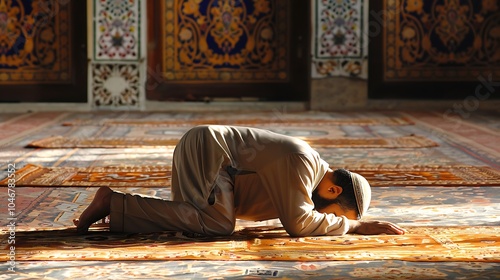A Muslim man is praying in a mosque. He isè·ªä¸‹ing on a prayer mat and has his head bowed in supplication.