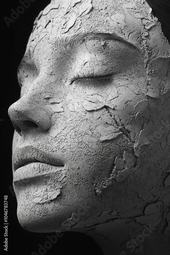 Portrait of a Woman Sculpted from Microcement with Floral Carvings