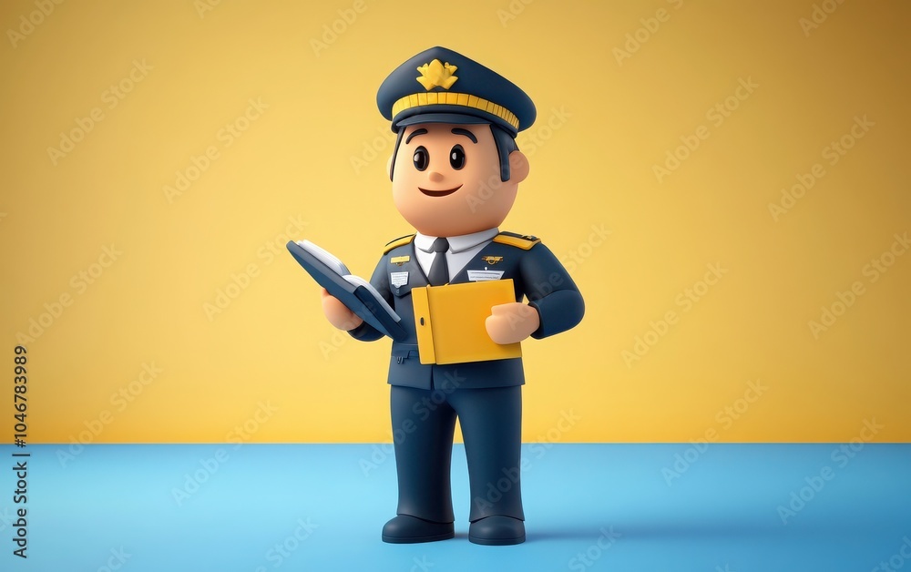 Illustrate a 3D cartoon emoji of a pilot holding a flight logbook, wearing a uniform and captain's hat, showcasing authority and skill in flying Illustrate a 3D cartoon emoji of a pilot holding a flight logbook, wearing a uniform and captain's hat, showcasing authority and skill in flying