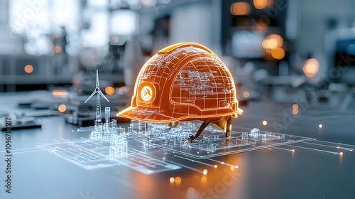 Close up of a glowing engineer s helmet surrounded by soft warm bokeh light symbolizing the concept of clean energy and futuristic construction methods in the industrial and technological sectors photo