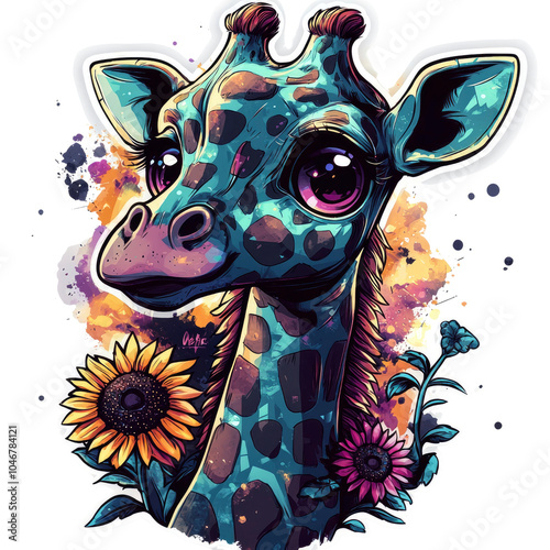 Watercolor Giraffe with Sunflowers and Flowers photo