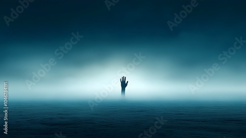 Zombie hand rising from the ground in a dark blue graveyard illuminated by the eerie glow of the full moon and surrounded by a thick mysterious fog