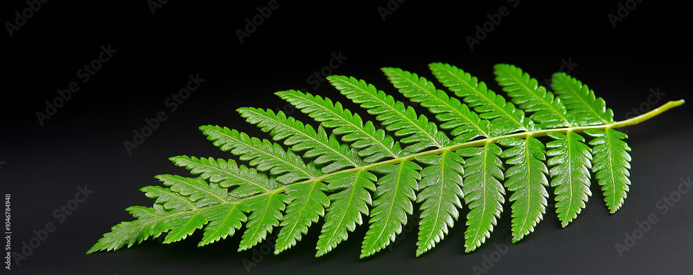 Eye-catching contrast: a lone green fern leaf rests on a black backdrop Eye-catching contrast: a lone green fern leaf rests on a black backdrop