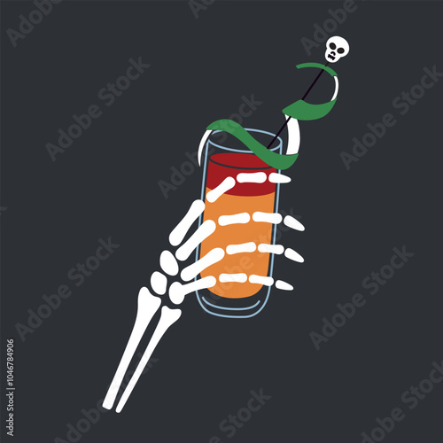 Halloween vector illustration of skeleton hand holding spooky cocktail garnished with skull stirrer and citrus peel garnish, perfect for horror themed party designs. Flat cartoon style