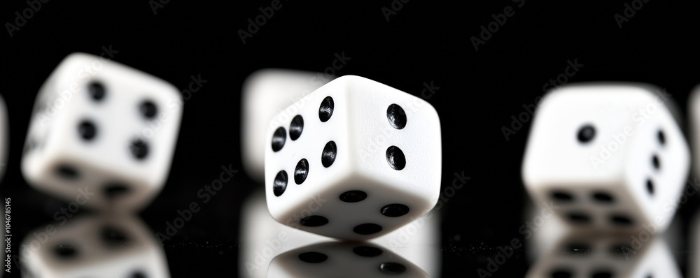 Close-up indoor studio shot of white dice rolling on a black surface, reflecting light and capturing the essence of gambling with luck and risk. Perfect for showcasing a fun game