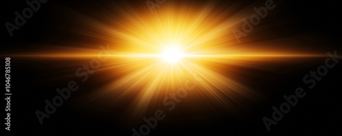 Vibrant yellow light beam emanates from the horizon against a dark backdrop