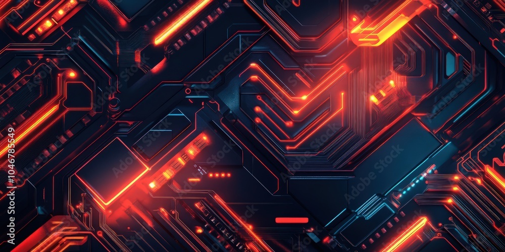 Microchip-inspired tech pattern with metallic textures and sharp neon outlines Microchip-inspired tech pattern with metallic textures and sharp neon outlines