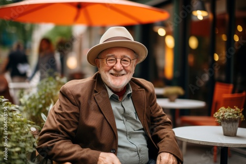 Portrait of smiling senior man in hat and coat sitting in outdoor cafe