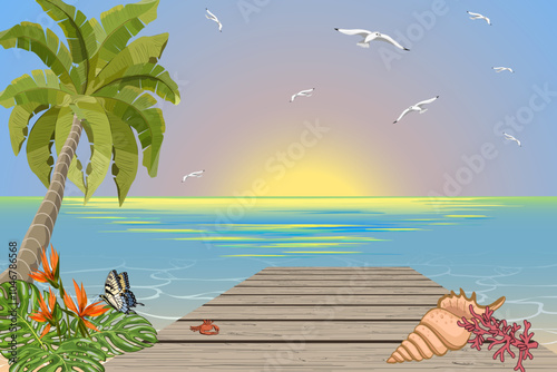 Illustration with sea coast landscape.Tropical landscape with palm trees and flowers near the sea in vector illustration.