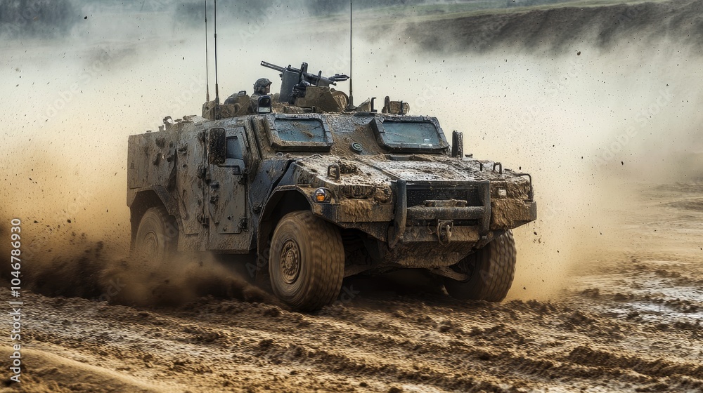 Fototapeta premium A military vehicle powers through a dusty battlefield, covered in mud and grime as it navigates the chaos of combat