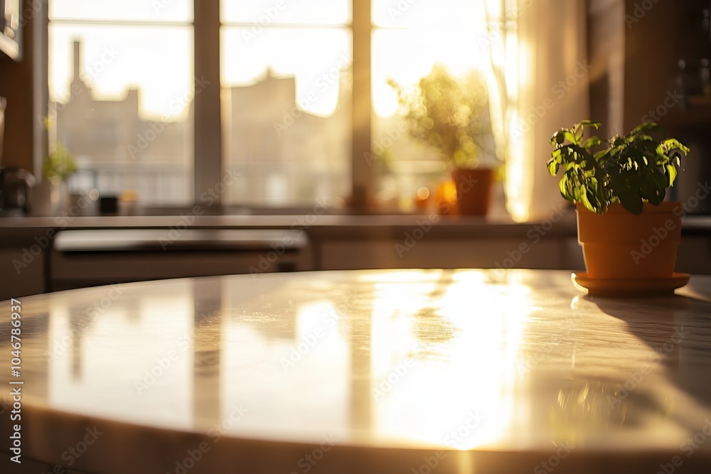 A potted plant sits on a marble table with sunlight reflecting on the surface, overlooking a city skyline. A potted plant sits on a marble table with sunlight reflecting on the surface, overlooking a city skyline.