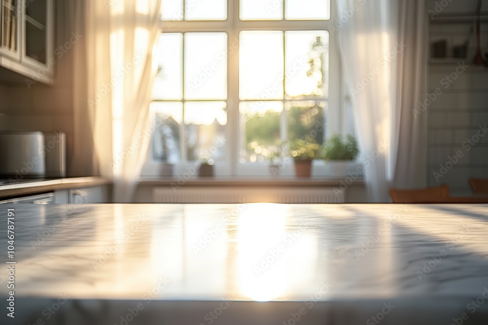 Empty marble countertop in front of a bright window with sunlight shining through sheer curtains. Empty marble countertop in front of a bright window with sunlight shining through sheer curtains.