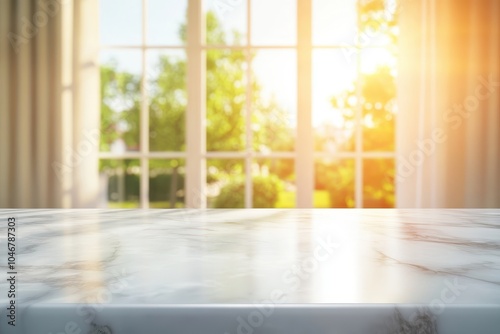 A marble countertop with a blurred background of a window with sunlight streaming through it.