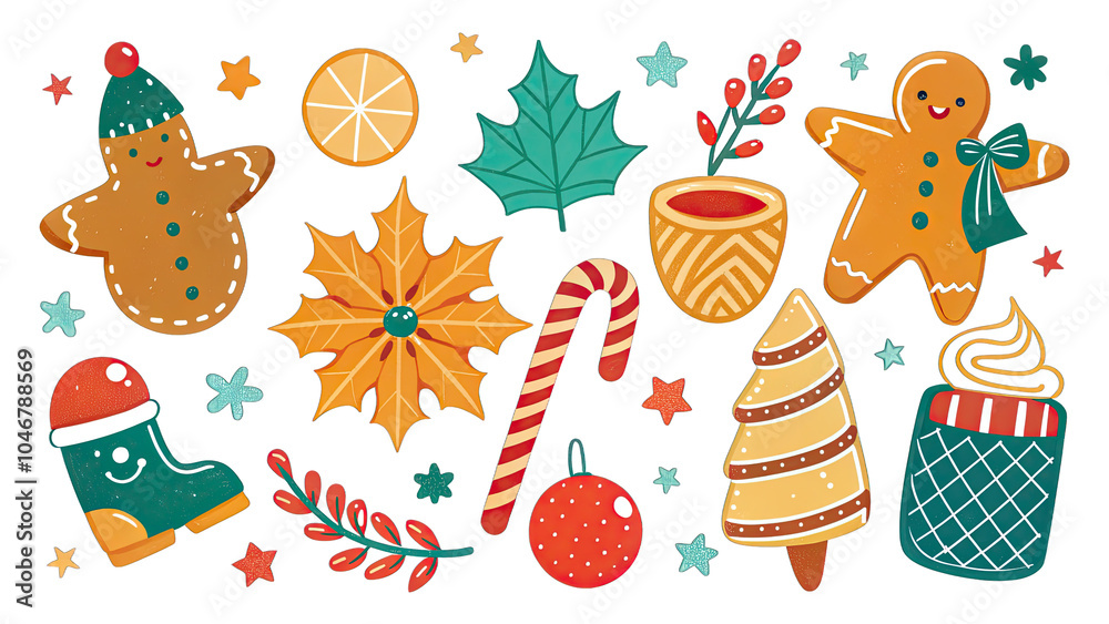 Naklejka premium Christmas decorations gingerbread men, candy canes, and holiday symbols for seasonal celebrations.