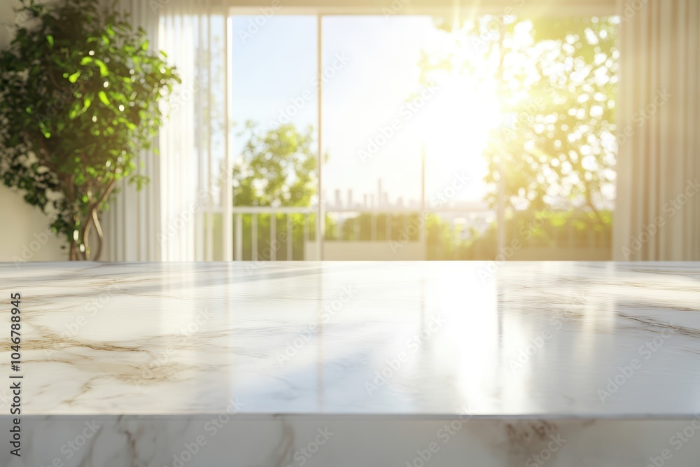 Empty marble countertop with a blurred view of a cityscape and a bright sunny day through a window. Empty marble countertop with a blurred view of a cityscape and a bright sunny day through a window.