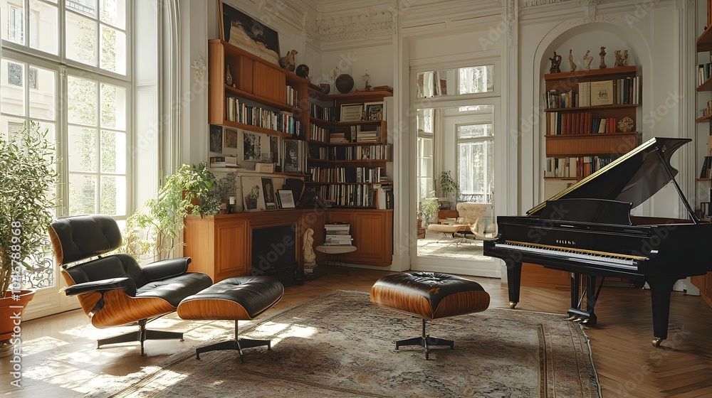 A French-style living room with piano and armchairs that elegantly combines classic charm with modern design elements A French-style living room with piano and armchairs that elegantly combines classic charm with modern design elements