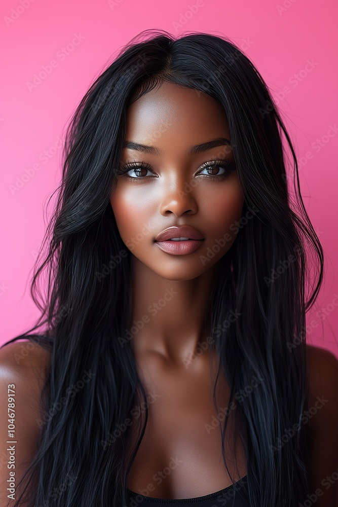 Stunning portrait of an elegant Black woman with long straight black hair against a salmon pink background, close-up shot