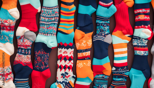 Feet of happy   in winter socks lying together on couch in living room. conncept holiday socks generative ai.
