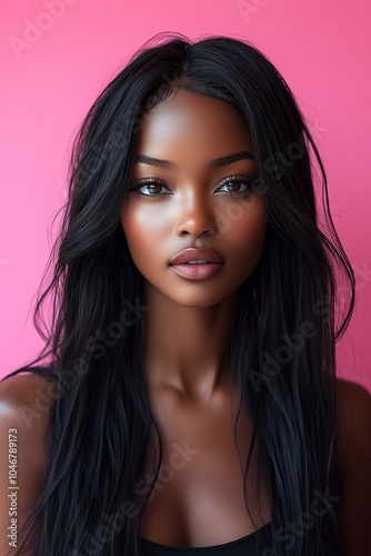 Obraz na płótnie Stunning portrait of an elegant Black woman with long straight black hair against a salmon pink background, close-up shot w salonie