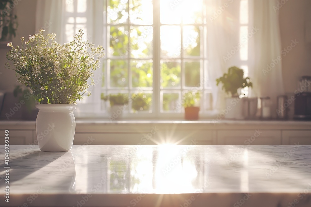 Sunlight streams through a window illuminating a white countertop with a vase of white flowers and a window view of greenery. Sunlight streams through a window illuminating a white countertop with a vase of white flowers and a window view of greenery.