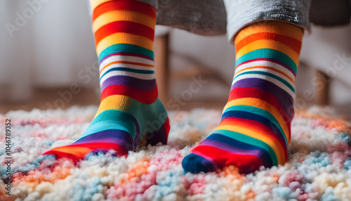 Feet of happy   in winter socks lying together on couch in living room. conncept holiday socks generative ai.