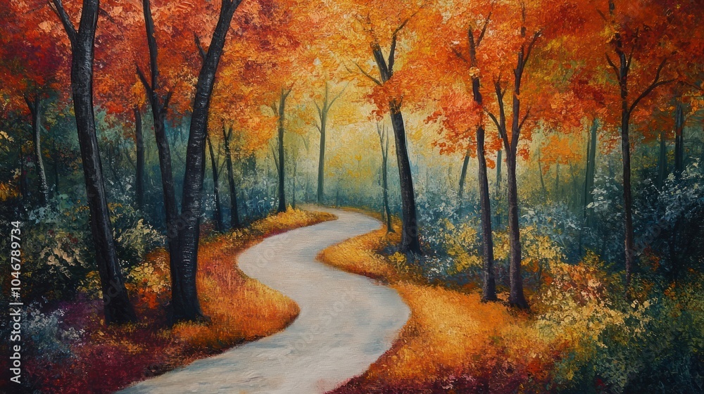 A serene path winding through a vibrant autumn forest with colorful foliage. A serene path winding through a vibrant autumn forest with colorful foliage.