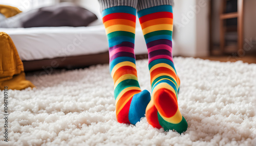 Feet of happy in winter socks lying together on couch in living room. conncept holiday socks generative ai.