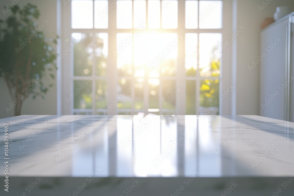 White marble countertop with sunbeams shining through window overlooking green garden. White marble countertop with sunbeams shining through window overlooking green garden.