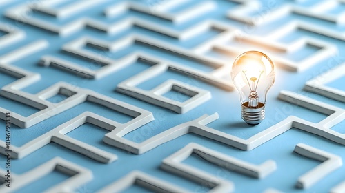 Close up view of a maze with a bright light bulb at the exit set against a blue and white background representing the concept of breakthroughs problem solving and the of new ideas photo