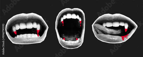 Open mouths of vampire with different emotions cut out from magazine, halftone collage stickers. Sharp fangs with drops of blood, creepy bite, creepy halloween, fear.