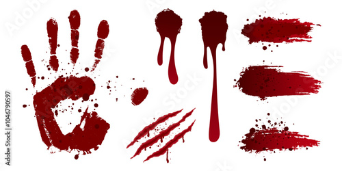 Cuts and wounds of different shapes, palm print. Blood spatter, bullet marks, claw scratch, Halloween creepy elements.