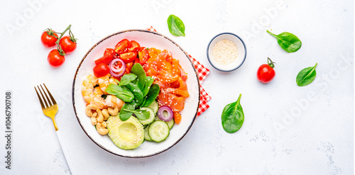 Obraz na plátně Salad bowl with salmon, shrimps, avocado, spinach, vegetables, sesame and cashew nuts for keto diet