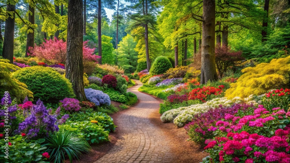 Winding path lined with colorful flowers and shrubs through a forest, shrubs, forest, outdoor walkway, trees Winding path lined with colorful flowers and shrubs through a forest, shrubs, forest, outdoor walkway, trees