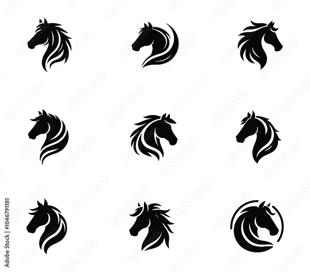 Collection of horse silhouette logo. Horse's head set. Minimalist horse head logo template. Icon set Collection of horse silhouette logo. Horse's head set. Minimalist horse head logo template. Icon set