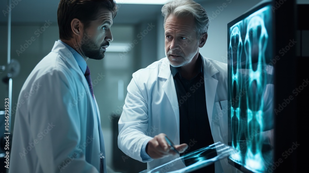 Fototapeta premium a male doctor and a humanoid robot working together in a hospital setting
