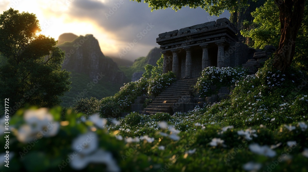 Obraz premium Ancient temple ruins nestled amongst lush greenery and white flowers, with the sun setting behind a mountain range.