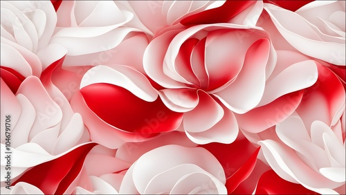 Camellia (Admiration, Beauty)_ An abstract design of camellia petals in red and white, with glossy, elegant curves. 